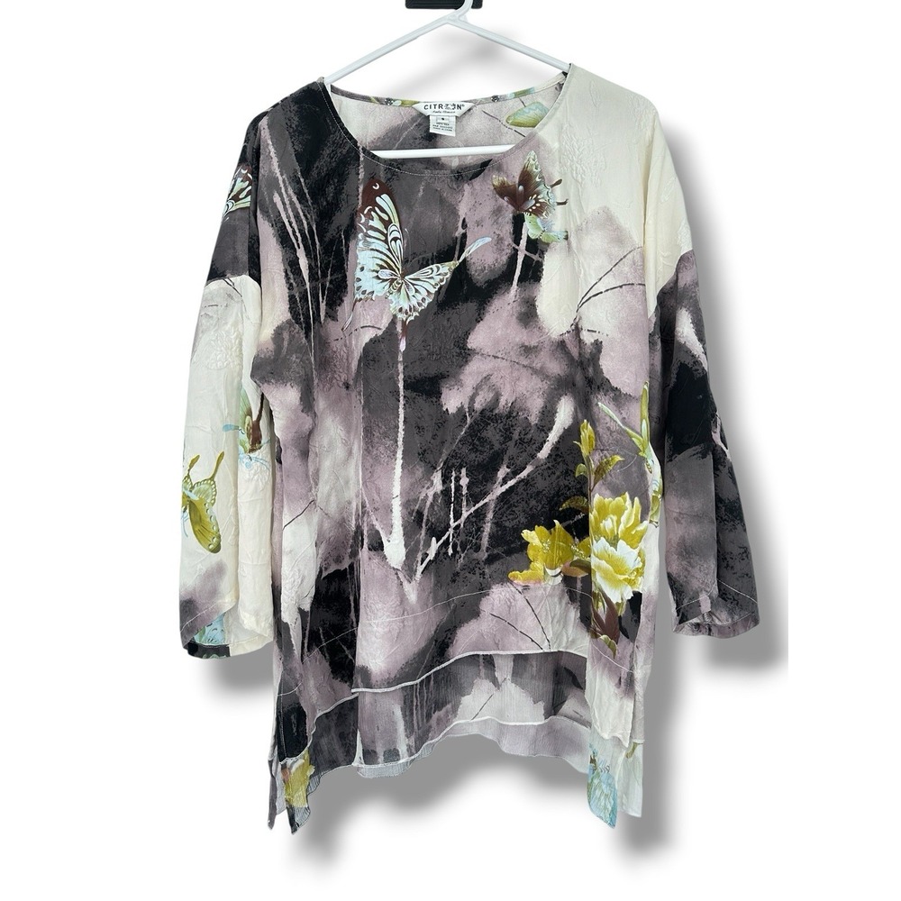 Citron 100% Silk Butterfly Tunic Top S Whimsygoth Artsy Boho Lagenlook Fairycore